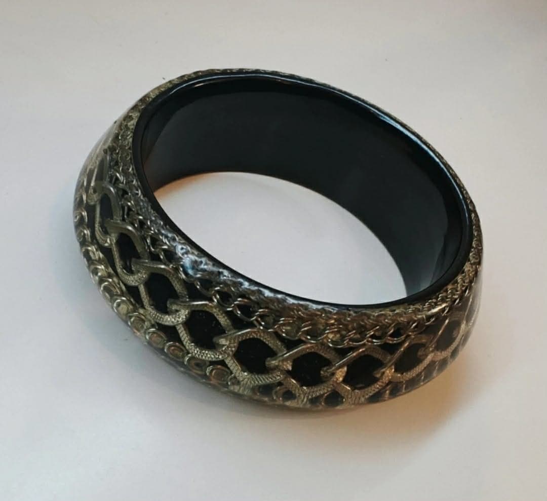 Wide Black & Clear Lucite with Encased Silver Chains Bangle Bracelet