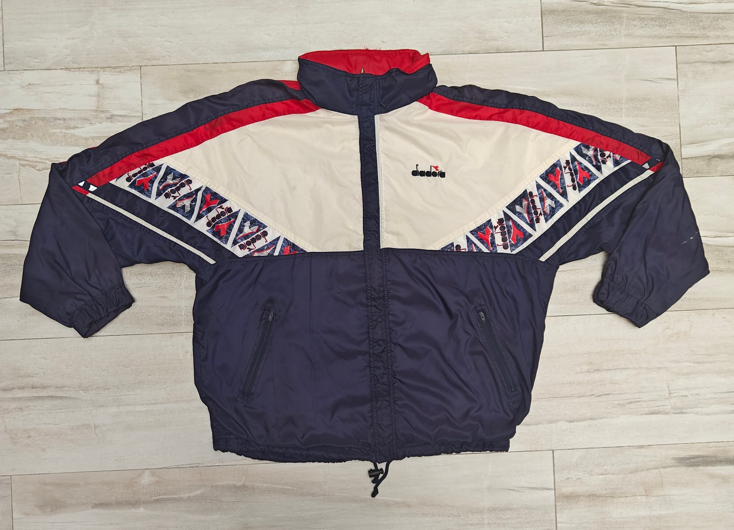 Vintage 90s DIADORA Track Jacket Navy White Red Colorblock Windbreaker Retro 3XL