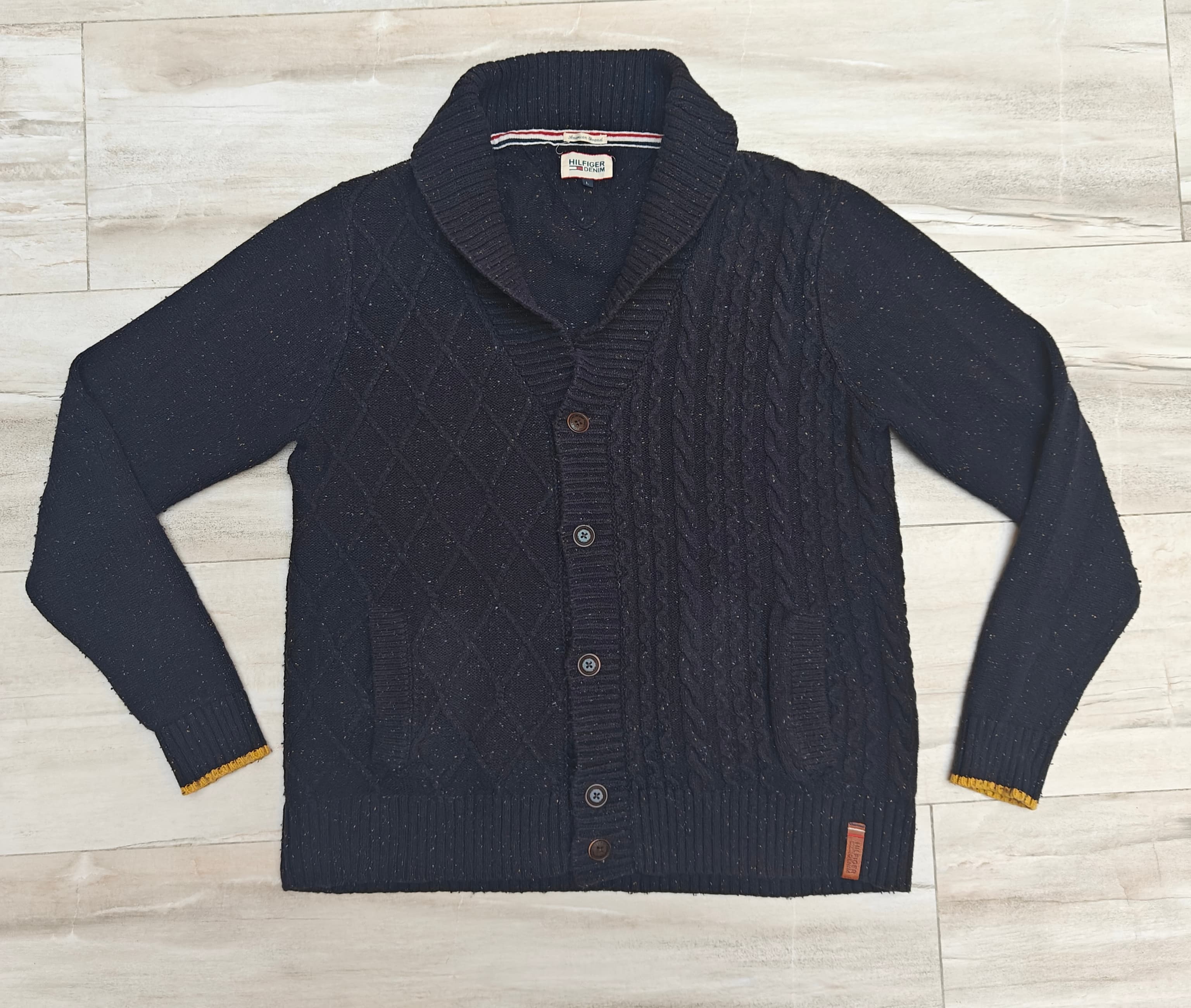 Tommy Hilfiger Shawl Collar Cardigan Navy Blue Cable Knit Sweater Mens Size Large