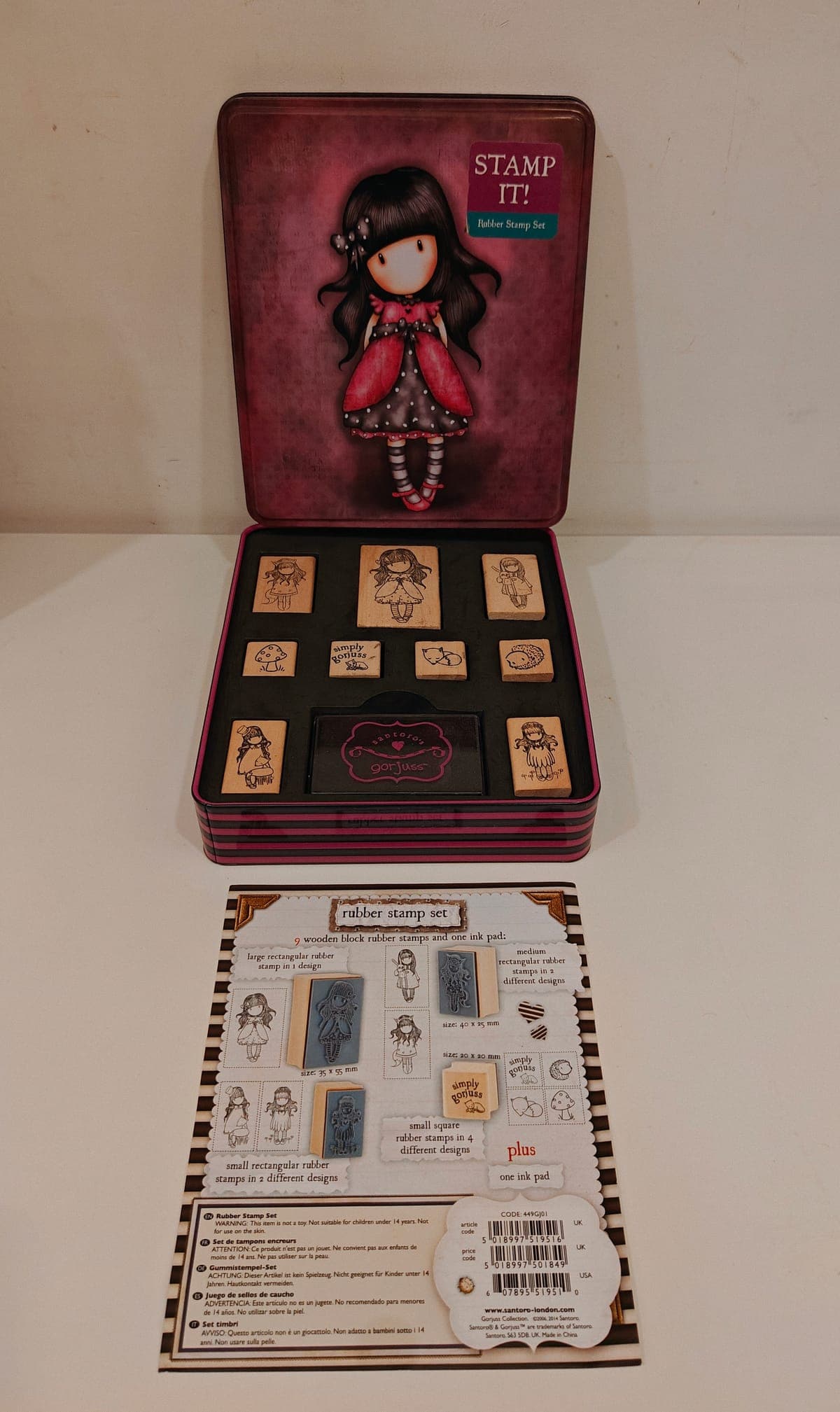 Santoro Gorjuss Ladybird Rubber Stamp Set - Collectible Tin & Ink Pad - 9pcs