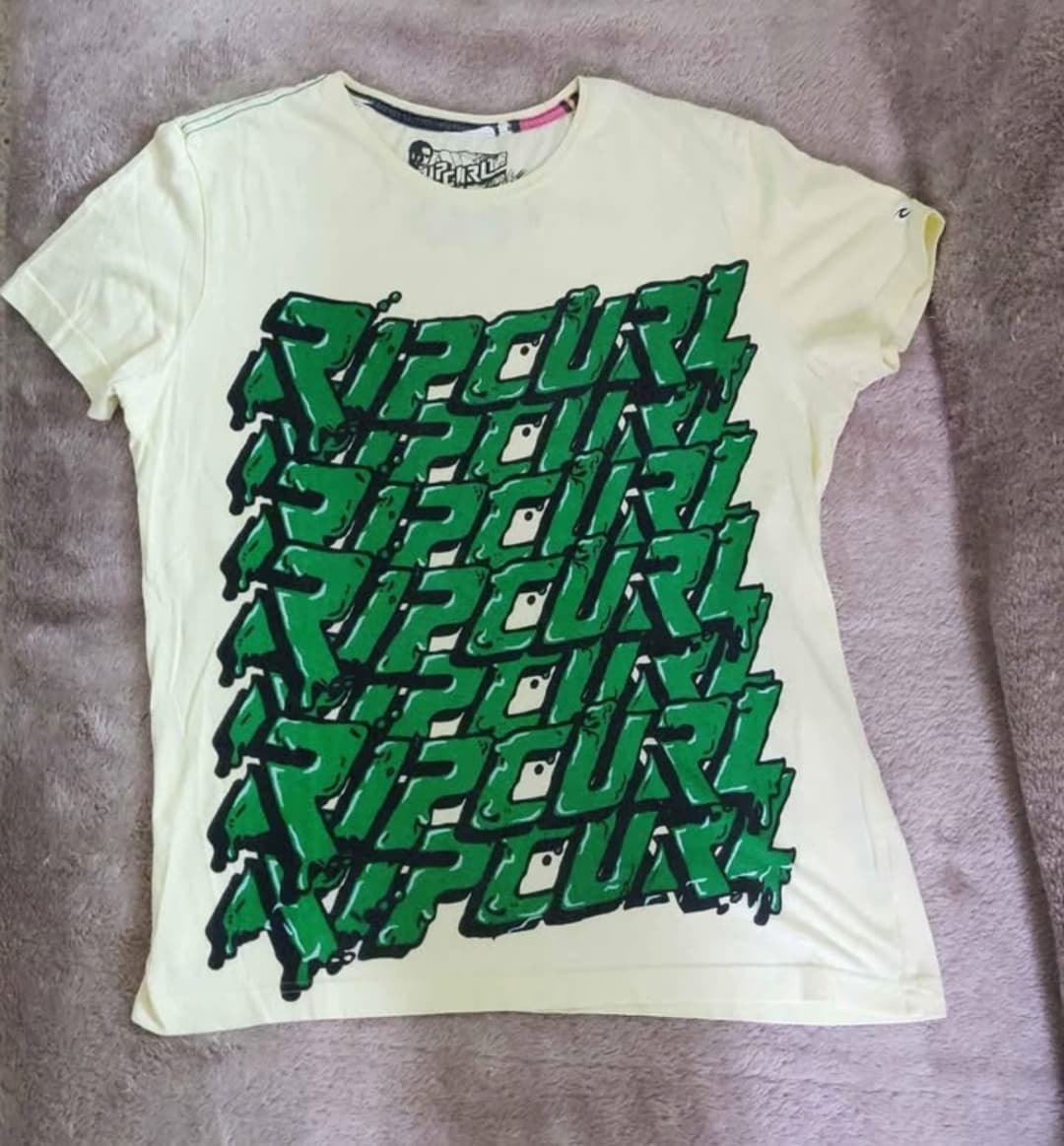 Rip Curl Mens T-Shirt Size Medium Bone Yellow Green Slime Repeater Logo Tee