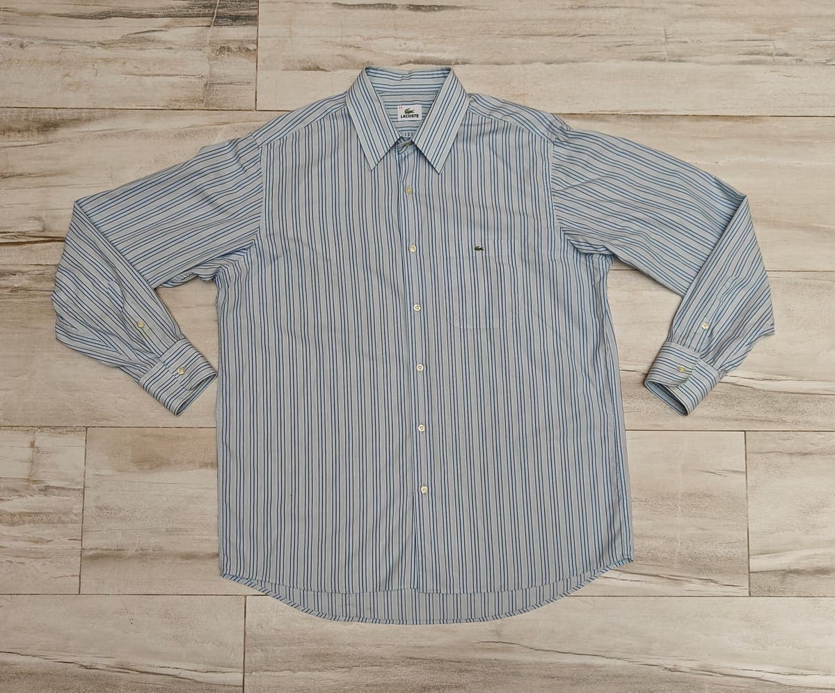 Lacoste Men's Long Sleeve Button Down Shirt Size 44 XL Blue Striped Logo