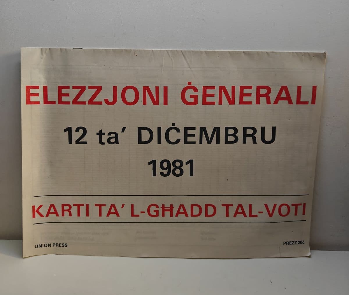 1981 Elezzjoni Generali Karti ta' l-Ghadd tal- Voti 12 ta' Dicembru 1981 Union Press