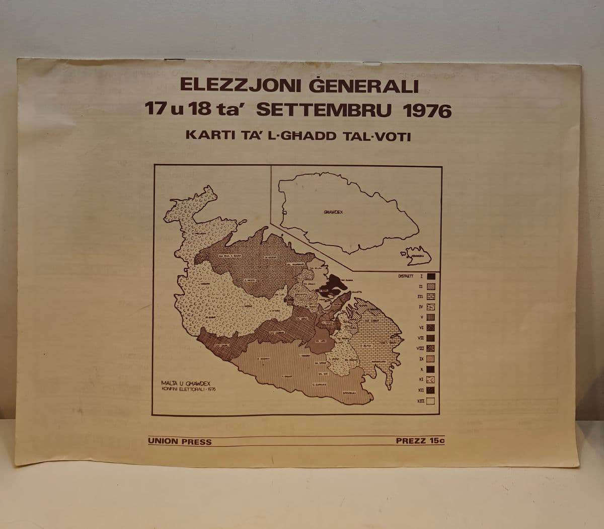 17 u 18 ta' Settembru 1976 Elezzjoni Generali - Karti ta' l-Ghadd tal-Voti - Union Press 15c