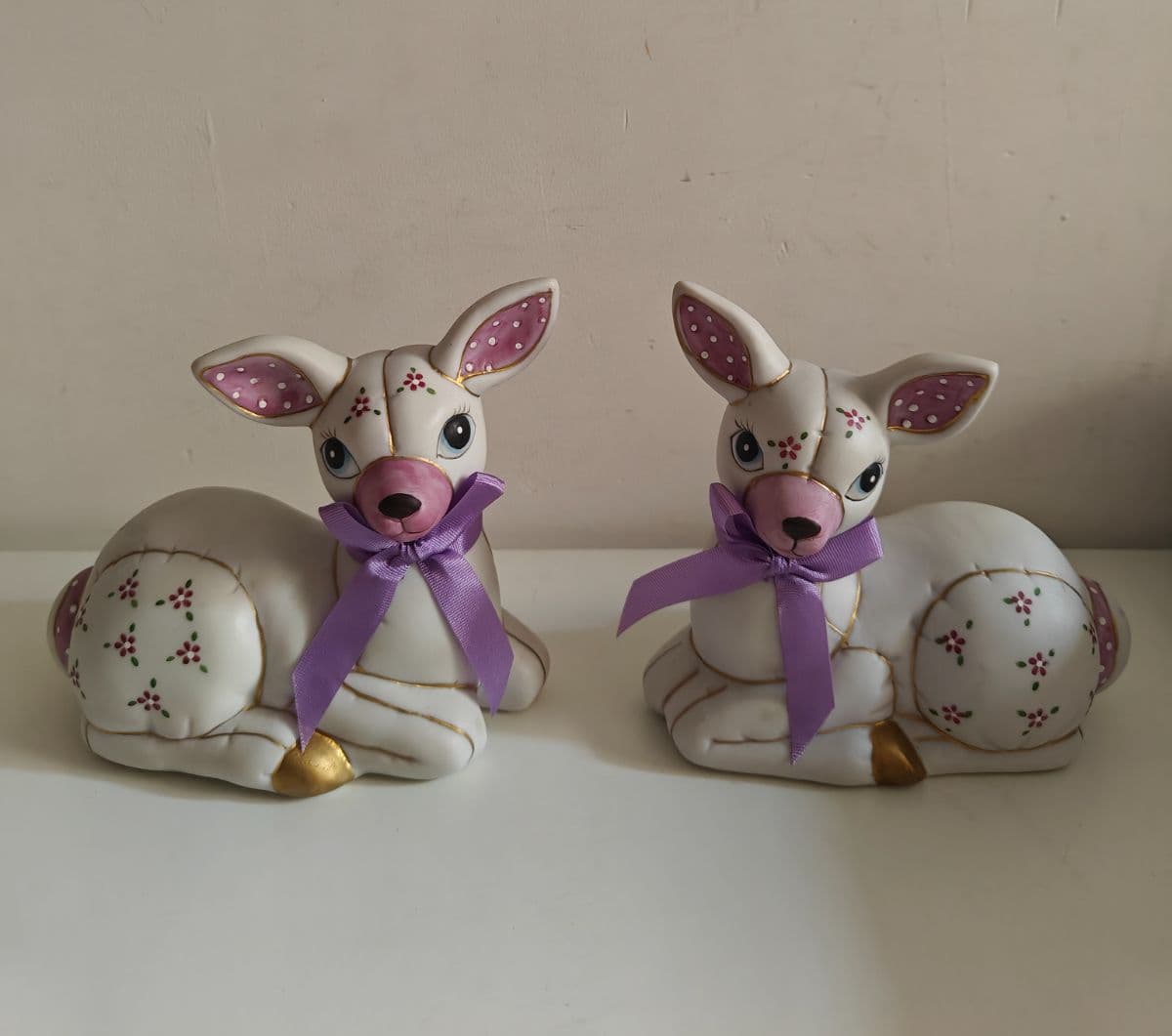 Vintage 1987 Lefton Patchwork Deer Figurines Pair Quilted Floral Ceramic Kitsch