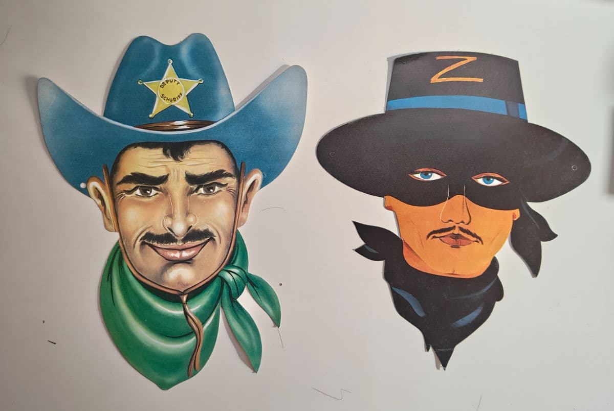 Vintage 1960s Cardboard Carnival Masks - Zorro & Deputy Sheriff Cowboy