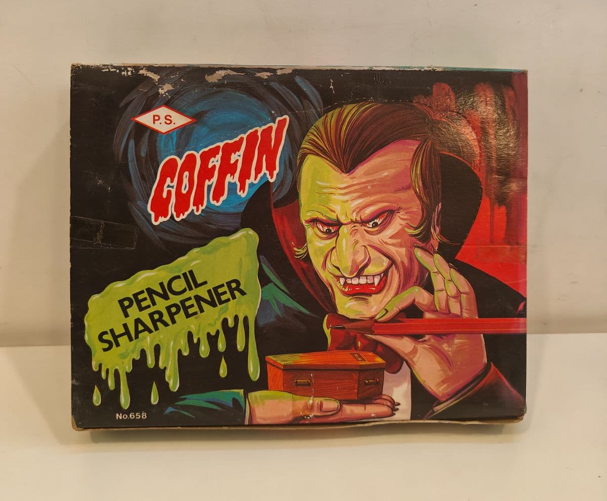 Vintage 1960s P.S. Dracula Coffin Pencil Sharpener Full Counter Display Box Complete 48pc Spooky Horror