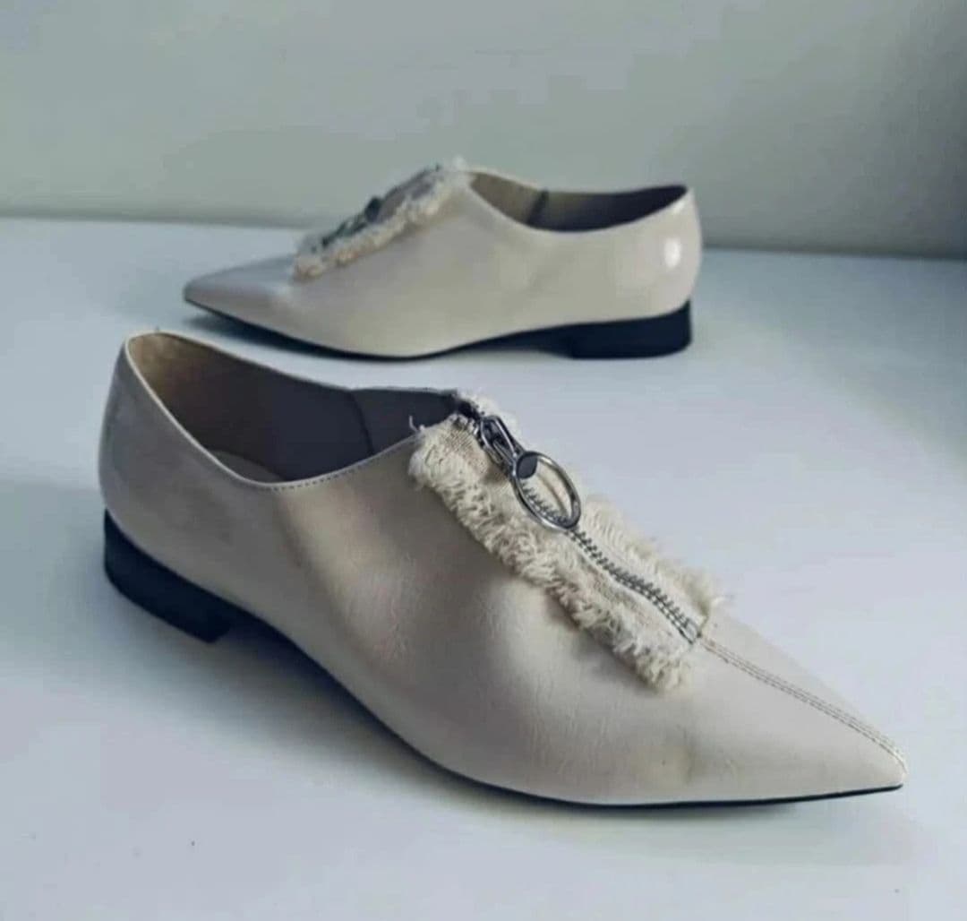 Charles and Keith Cream Wrinkled Patent Frayed Zip Front Loafers EUR 37 / UK 4